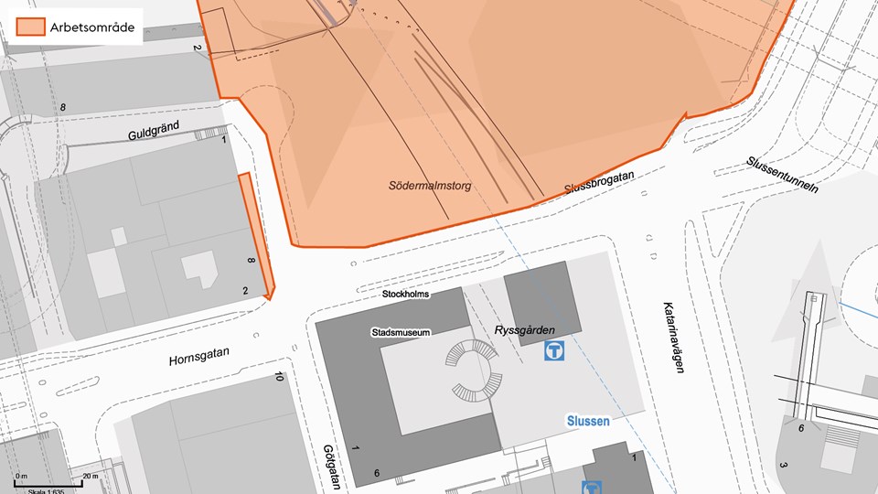 Karta över Södermalmstorg vid Slussen. Orangea områden visar var byggarbeten pågår.